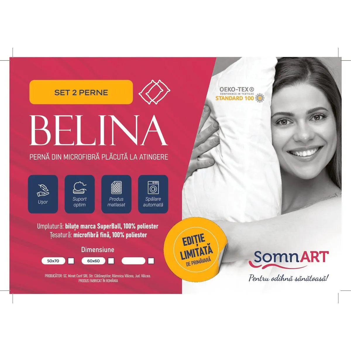 Set 2 Perne 50x70 Belina, microfibra, lavabile la masina, vidat, alb