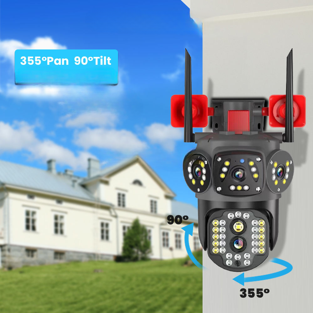 Camera supraveghere cu 4 video WiFi, CCTV PTZ, infrarosu, vedere nocturna, stocare cloud /SD, doua cai audio si Card de memorie 32GB