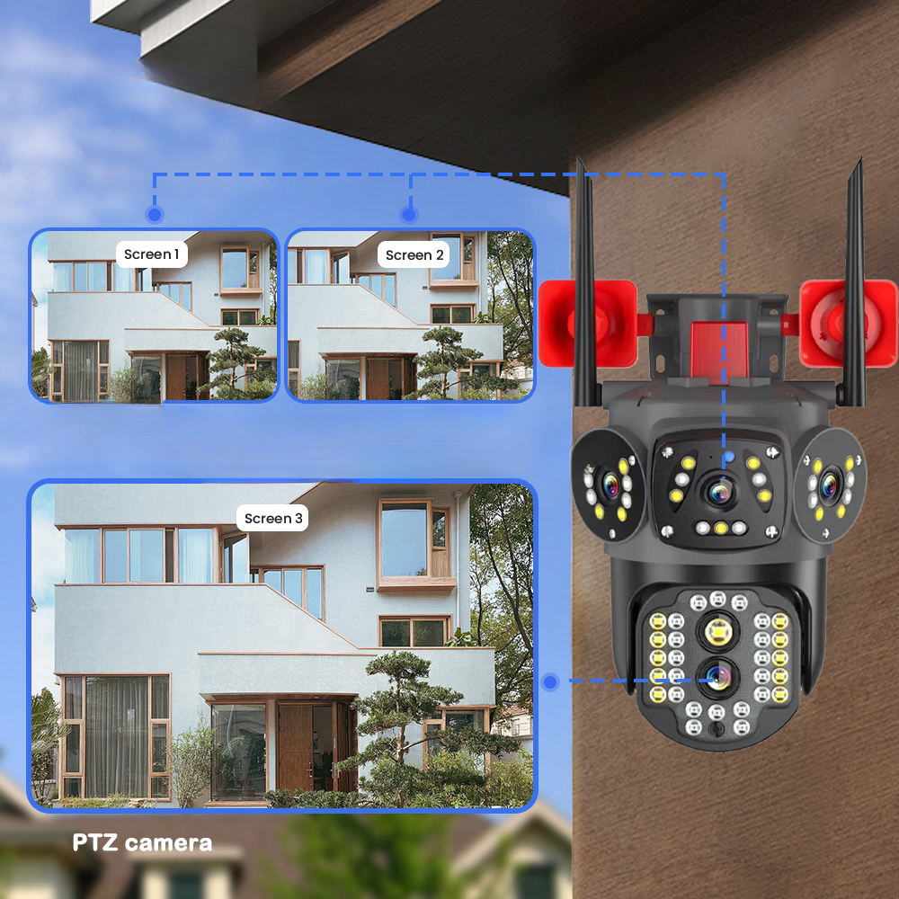 Camera supraveghere cu 4 video WiFi, CCTV PTZ, infrarosu, vedere nocturna, stocare cloud /SD, doua cai audio si Card de memorie 32GB