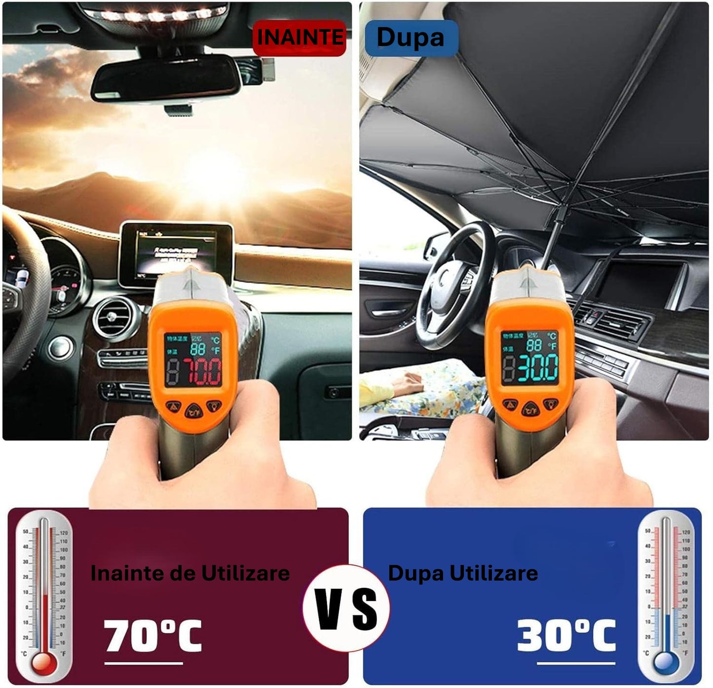 Parasolar Auto Pliabil Tip Umbrela – Protecție Eficientă Împotriva Căldurii și Razelor UV
