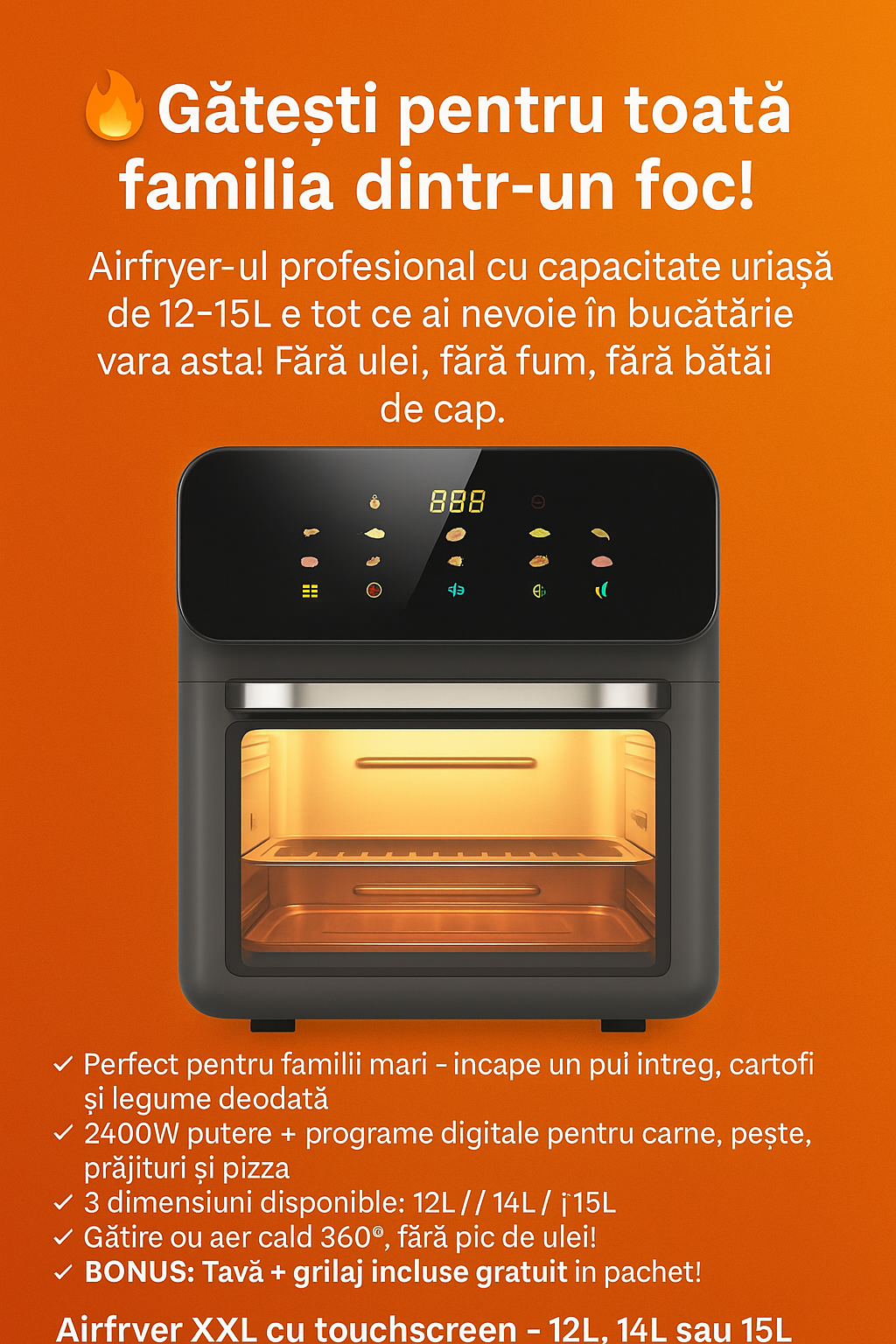 AirFryer Profesional - Cuva 12L -14 L - 15 L cu Geam, 2400W, Friteuza Digitala cu Aer Cald