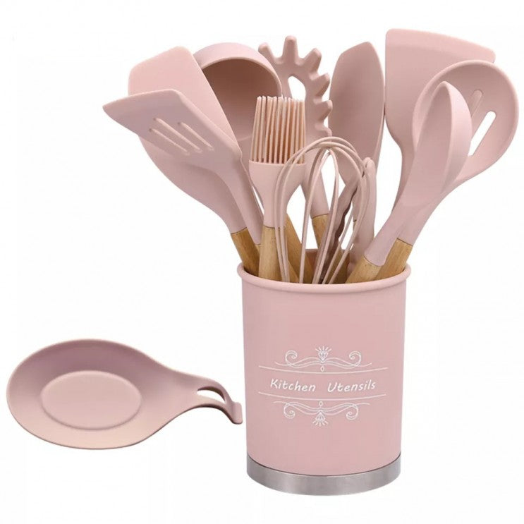 Set Complet 13 Ustensile de Bucătărie din Silicon cu Mânere din Lemn - Eleganță și Funcționalitate