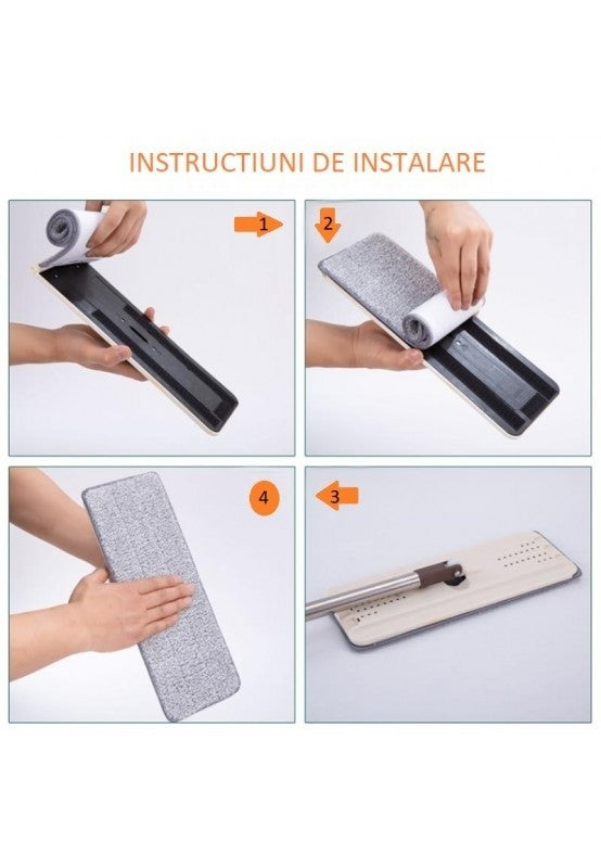 Mop profesional cu doua cuve de spalare si uscare + 2 rezerve cadou, cap plat 360°