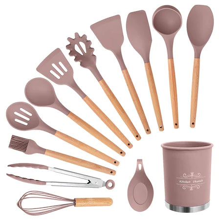 Set Complet 13 Ustensile de Bucătărie din Silicon cu Mânere din Lemn - Eleganță și Funcționalitate