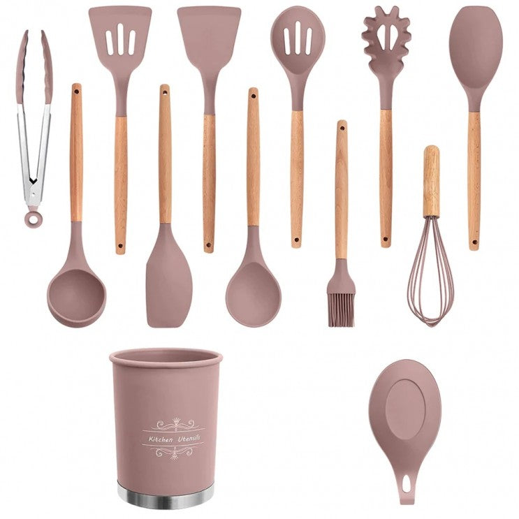 Set Complet 13 Ustensile de Bucătărie din Silicon cu Mânere din Lemn - Eleganță și Funcționalitate