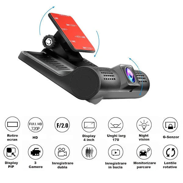 Camera auto tripla Blackbox L300-1, Full-HD, 3 camere-FATA/SPATE/INTERIOR, ecran 4'', G Senzor CARD INCLUS