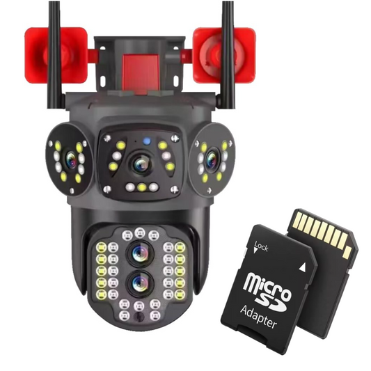 Camera supraveghere cu 4 video WiFi, CCTV PTZ, infrarosu, vedere nocturna, stocare cloud /SD, doua cai audio si Card de memorie 32GB