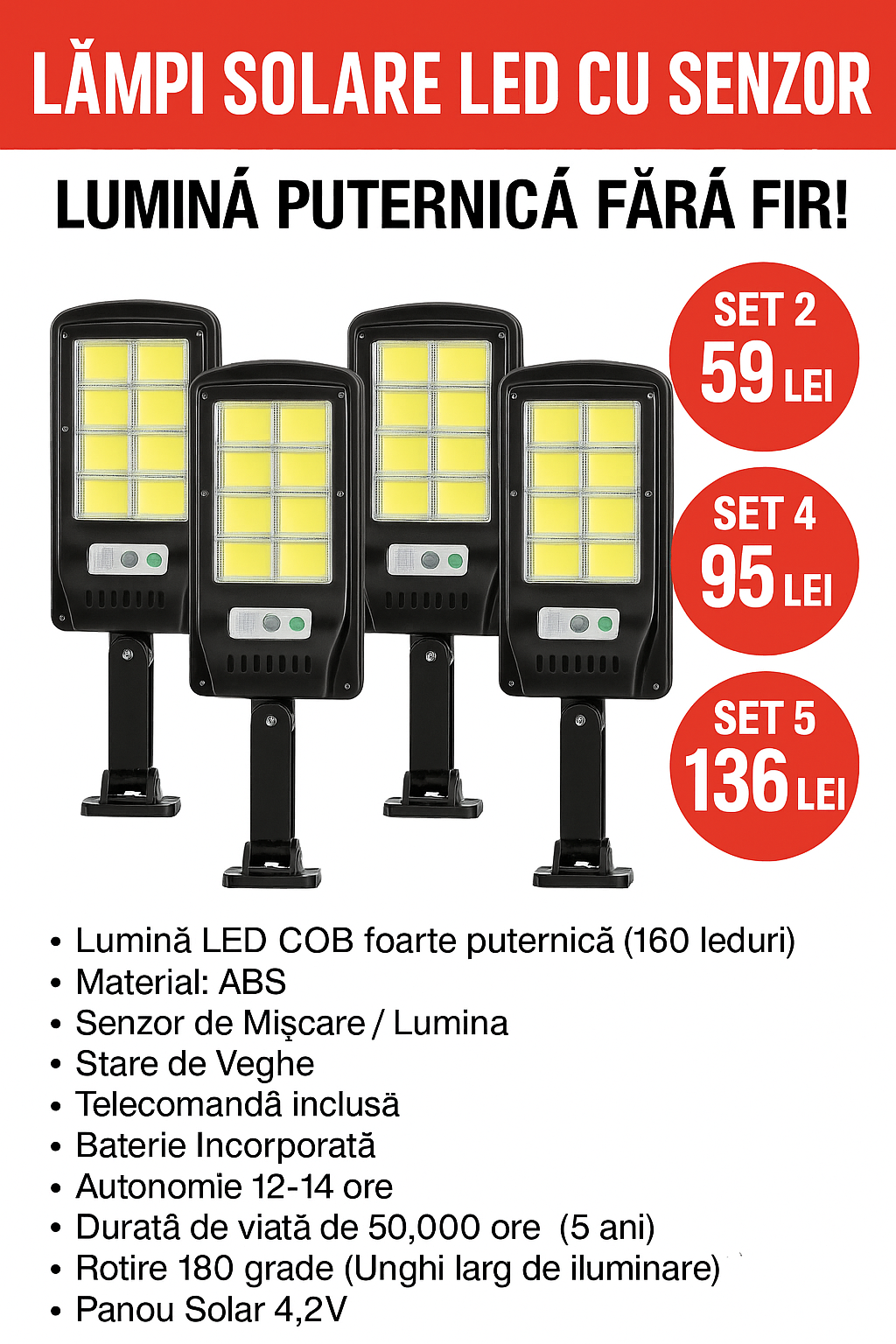 Set 2 . 4 , 5  x Lampi cu Incarcare Solara 8 celule 150W, 200 LED-uri COB, telecomanda