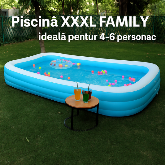 Piscina Gonflabila XXL EXTRA FAMILY Albastra cu 3 Inele, Ideală pentru Distractie în Aer Liber 262 x 175 x 51 cm