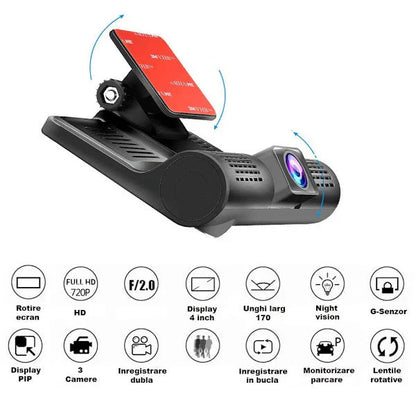 Camera auto tripla Blackbox L300-1, Full-HD, 3 camere-FATA/SPATE/INTERIOR, ecran 4'', G Senzor CARD INCLUS